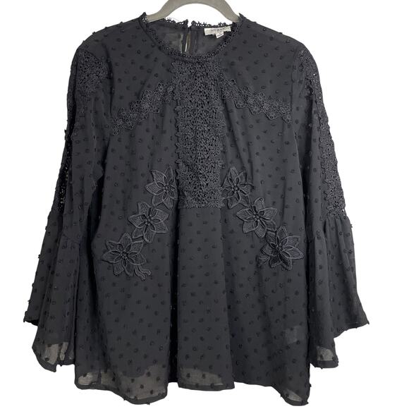 Umgee Tops - Umgee Women’s Black Blouse Size Small - 3/4 Bell Sleeve Boho Lace/Embroidered